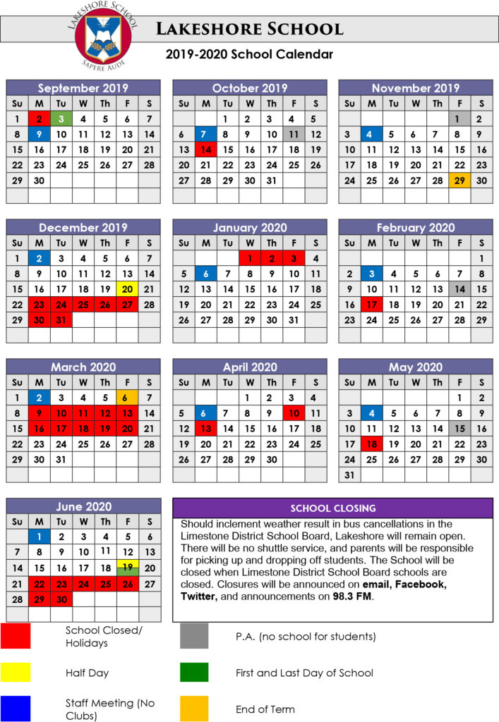 School Year Calendar Lakeshore School