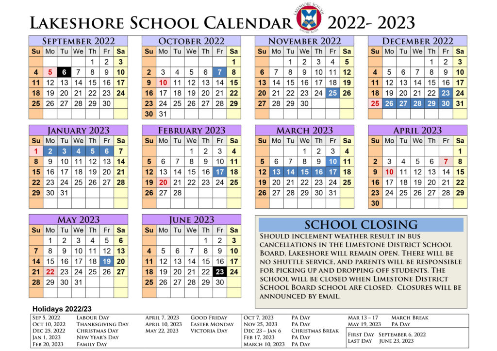 School Year Calendar Lakeshore School